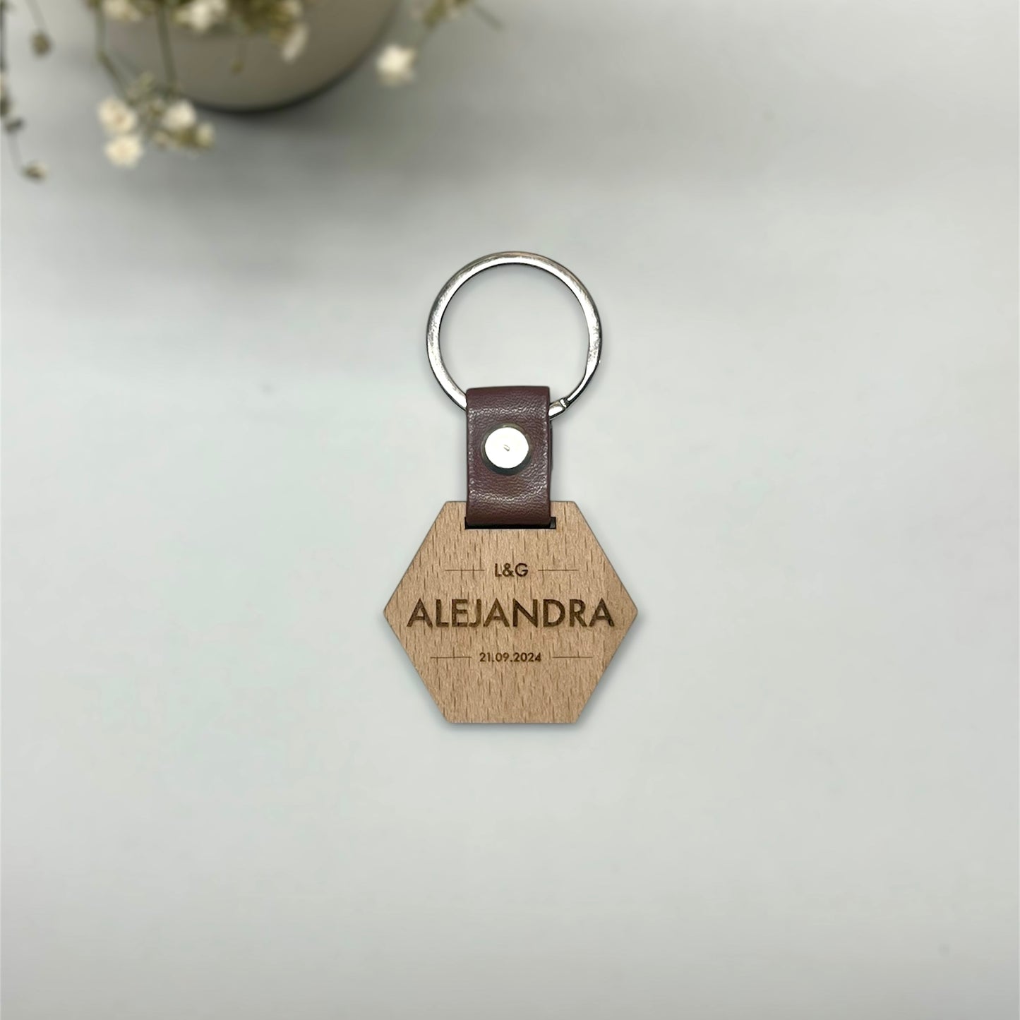 Llavero madera boda - "Hexagon"